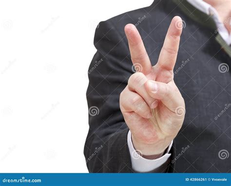 Businessman Holds Victory Sign Hand Gesture Stock Image Image Of