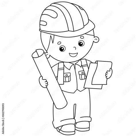 Coloring Page Outline Of Cartoon Architect With Plan Of Building