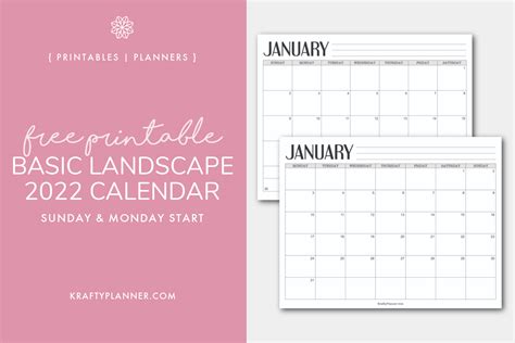 Basic 2022 Landscape Calendar Free Printable — Krafty Planner