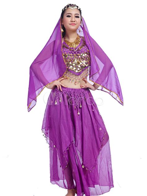 Belly Dance Costume Purple Chiffon Bollywood Dance Dress With Top