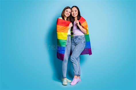 Full Length Photo Of Cute Lesbians Couple Ladies Celebrate Parade Show
