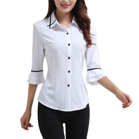 2018 new turn down collar button shirts women tops white elegant ladies blouse 3 4 flare sleeve