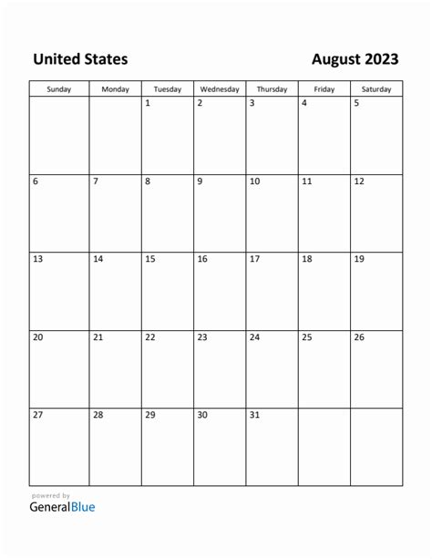 August 2023 Monthly Calendar With United States Holidays