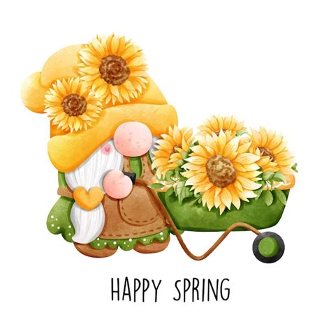 Premium Vector Happy Spring With Sunflower Gnome Vector Illustration