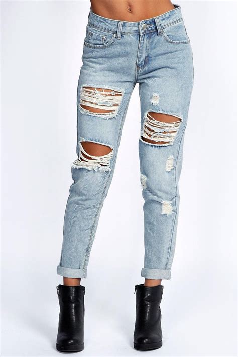 Basics Mid Rise Super Distressed Mom Jeans Womens Ripped Jeans Women