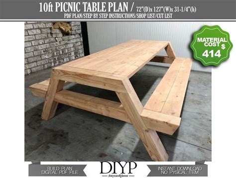 10 Foot Picnic Table Plans Pdf Download Etsy Picnic Table Plans Picnic Table Picnic Table