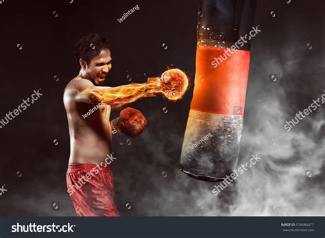 Asian Athlete Boxer Punching Punching Bag Stock Photo 