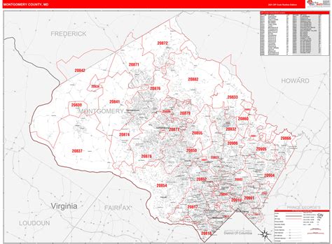 Montgomery County Md Zip Code Wall Map Red Line Style By