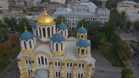 St Vladimirs Cathedral From High Above Beautiful Church With Blue Domes