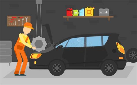 Car Repair Service Auto Mechanic Character In Overalls Fixing Car
