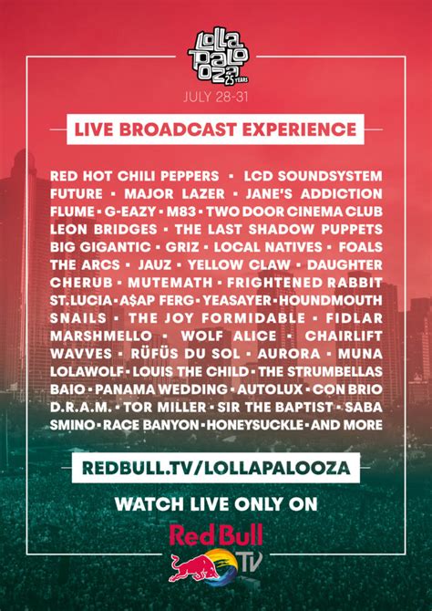 Billboard reports that a source of theirs has revealed to them the lineup for the 25th edition venerable chicago festival. LOLLAPALOOZA 2016 - LIVE BROADCAST SCHEDULE ANNOUNCED ...