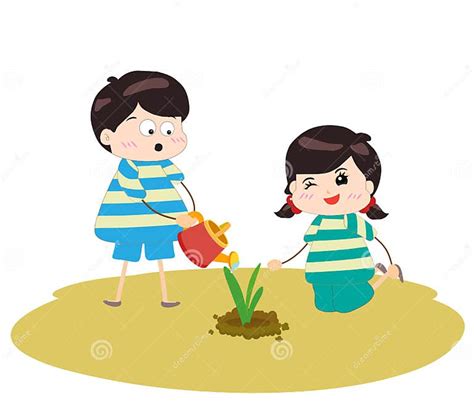 Two Happy Kids Watering And Planting Plants Stock Vector Illustration
