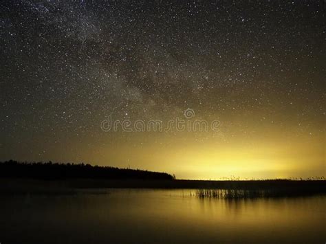 Night Sky Stars And Milky Way Over Lake Stock Image Image Of Night