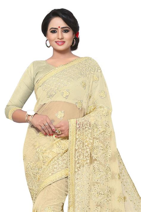 Beige Embroidered Net Saree With Blouse Kad Creations 3171126