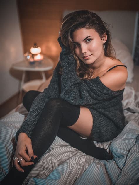 Wallpaper Women Model Px Brunette In Bed Sweater Thigh Highs Knee Highs Socks