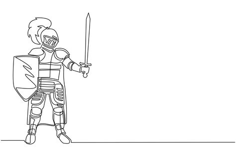 Single Continuous Line Drawing Medieval Knight In Armor Cape And
