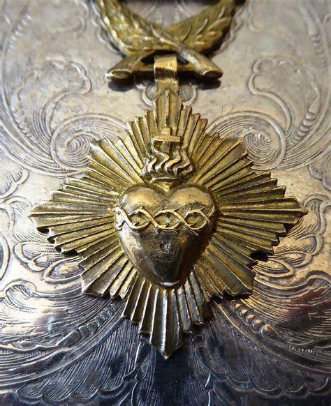 Flaming Sacred Heart Badge Medal Oxidized Gold Crown Of Etsy In 2020
