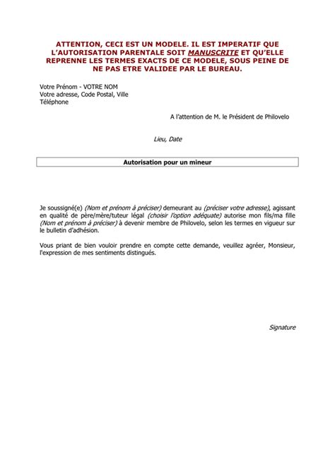 Modelé d autorisation pour un mineur DOC PDF page 1 sur 1