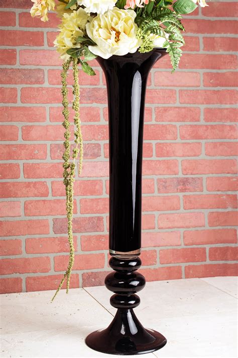 8 tall phalaenopsis orchid centerpieces in cream white with cream green centers, flowergirl pomander. Black Glass 32 Inch Trumpet Vase