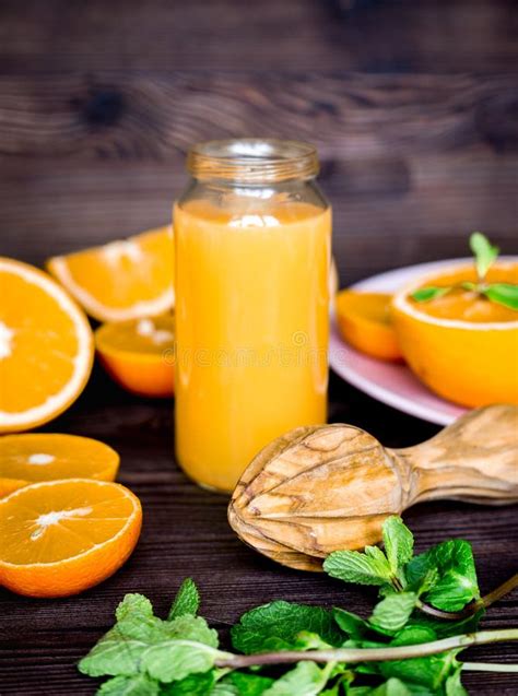 Healthy Morning With Orange Juice In Bottle On Kitchen Background Stock