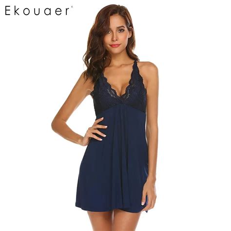 Ekouaer Feminina Sexy Night Dress V Neck Soft Sleepwear Women Lace Patchwork Sleeveless