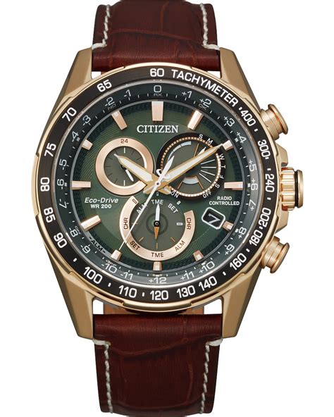 Citizen Perpetual Chrono At Eco Drive Green Dial Lthr Band Mens Watch