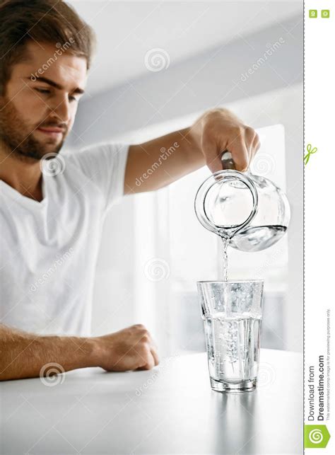 Drink Water Close Up Man Pouring Water Into Glass Hydration Stock