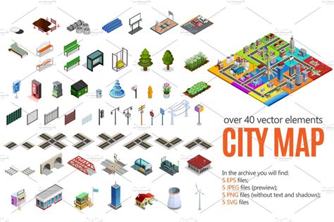 City Map Isometric Elements Set Custom Designed Web Elements