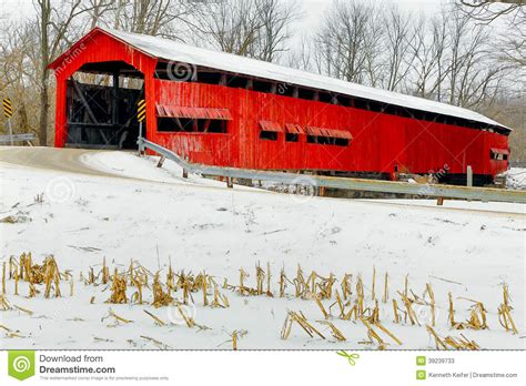 Red Covered Bridge Midwinter Stock Image Image Of Dunbar