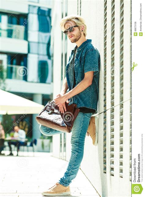 Hipster Man Standing On City Street Urban Fashion Stock Photo Image