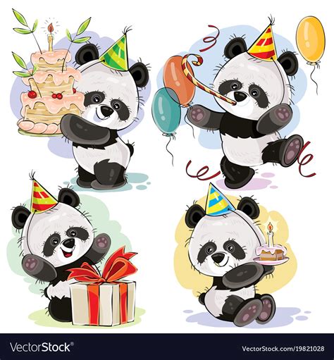 Happy Birthday Set With Baby Panda Bears Vector Image