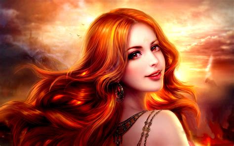 1920x1200 Beautiful Eyes Face Fantasy Girl Hair Long Red Sky Smile Coolwallpapersme