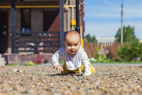 Cute Baby Boy Crawling At Playground Outdoors Stock Image Image Of