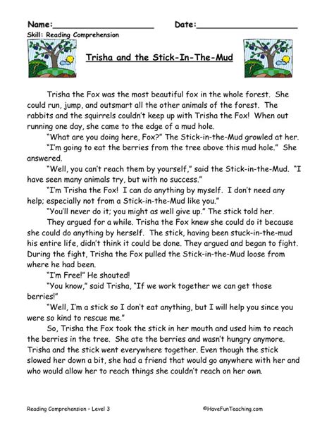 Reading Comprehension Worksheet Trisha And The Stick In The Mud