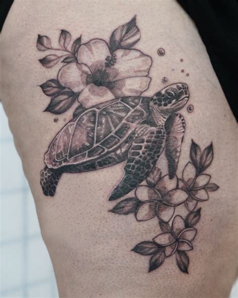 Sea Turtle With Tropical Flowers Tattoo Abyss Montreal