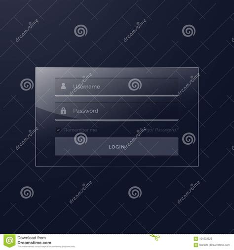 Login Template Design In Glass Style And Dark Theme Stock Vector