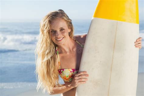 Gorgeous Blonde Surfer Bikini Holding Her Board Stock Photos Free
