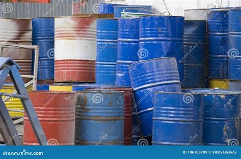 Front View Of Many Rusty Iron Barrels Stock Image Image Of Iron