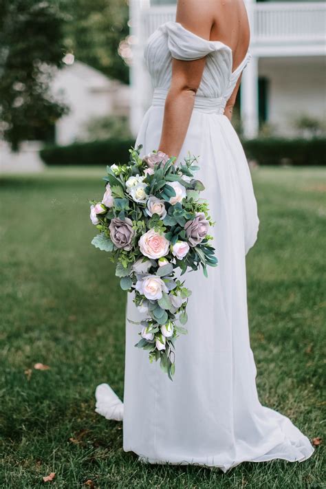 cascade bridal bouquet in blush pink and slate grey with sage green eucalyptus artificial
