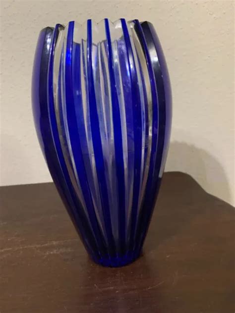 Bohemian Cobalt Blue Cut To Clear Crystal Glass Striped Vase