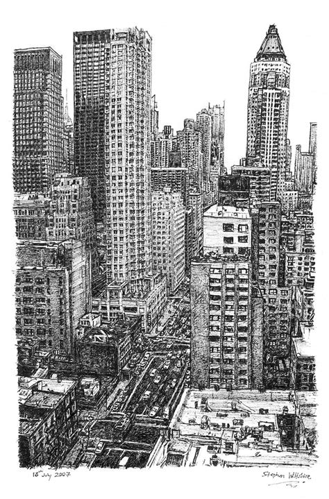 City Buildings Drawing New York Street Scene Dekorisori