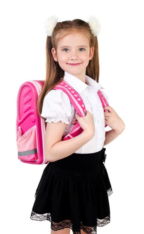 Portrait Of Smiling Schoolgirl In Uniform With Backpack Isolated Stock Image Image Of Pretty