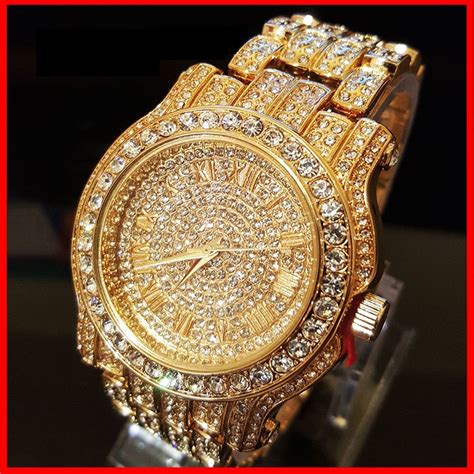 Men Hip Hop Iced Out Gold Tone Bling Simulated Diamond Rapper Watch