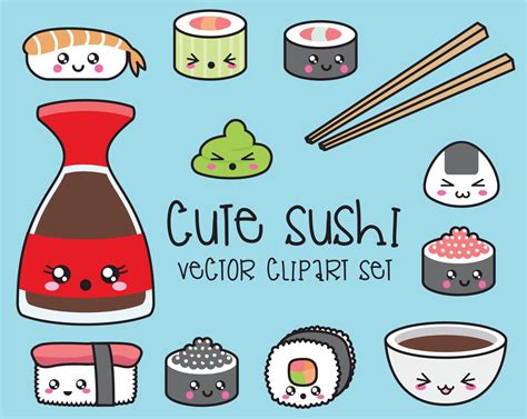 Premium Vector Clipart Kawaii Sushi Clipart Kawaii Sushi Clip Art Set
