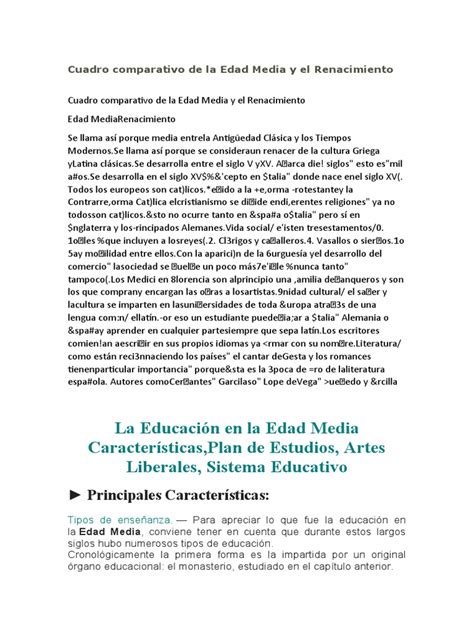 Cuadro Comparativo De La Edad Media Y El Renacimiento Pdf Educación En Artes Liberales