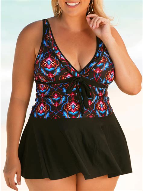 Beeachgirl Womens Two Piece Swimsuits Straps Swimdress Plus Size Print Tankini Bikini Set L