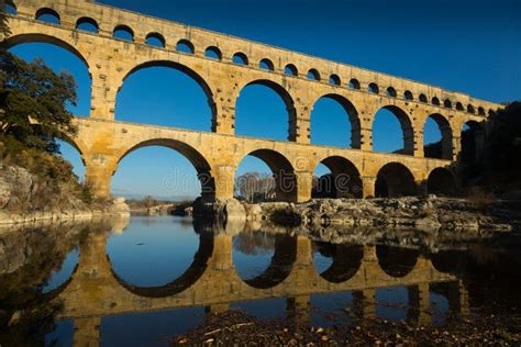 Famous Landmark Roman Bridge Pont Du Gard In Southern France Stock