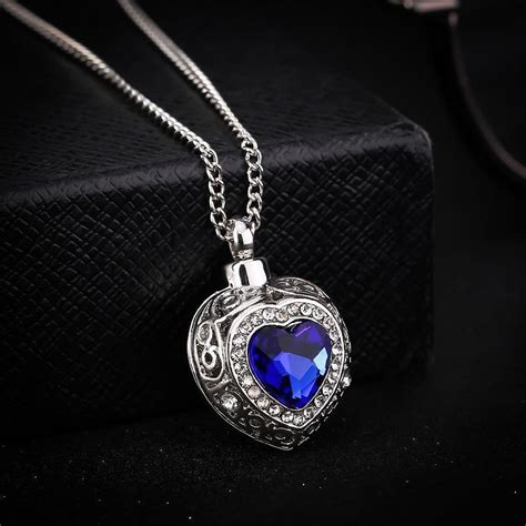 Silver Heart Shaped Cremation Urn Necklace With Rhinestones And Blue G