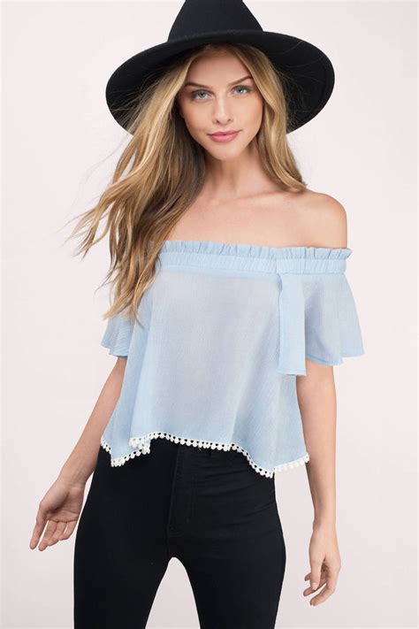 These tops are great to pair with your favorite jeans. Haley Off Shoulder Top in Light Blue - $8 | Tobi US