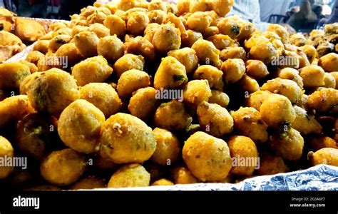 Indian Street Food Snacks Mirchi Bhajipakora And Bonda In Market